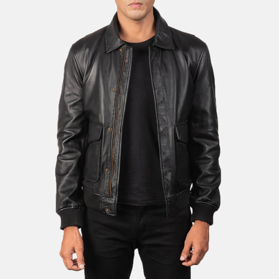 Coffmen Black Leather Bomber Jacket