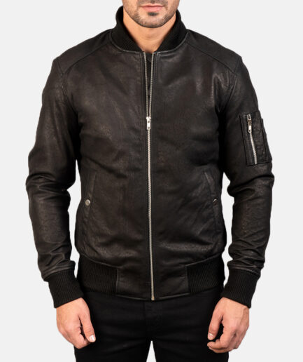 Distressed Black Leather Bomber Jacket for Men