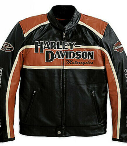 Genuine Men's Harley Davidson Classic Black & Orange Biker Leather Jacket