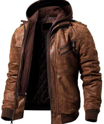Brown Distressed Hooded Handmade Genuine Sheepskin Leather Jacket
